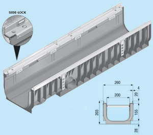 Каналы RECYFIX-Super 200 KSс системой крепления решеток без болтов SIDE-LOCK
